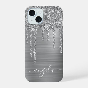 Silver Glitter Drips Girly Glam Signature iPhone 15 Case