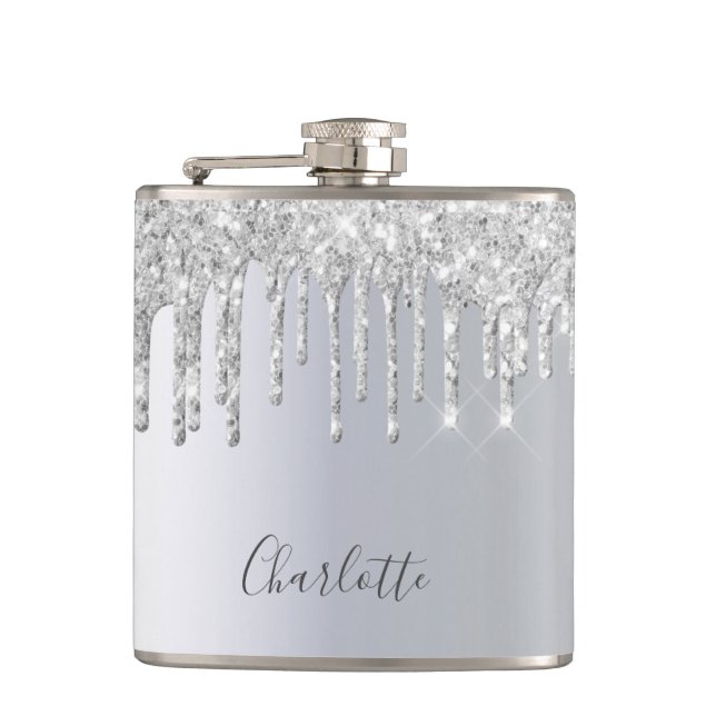 Silver glitter drips glittery monogram glam hip flask (Front)