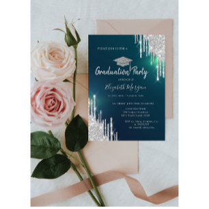 Silver Glitter Drips Grad Cap Green Graduation Invitation