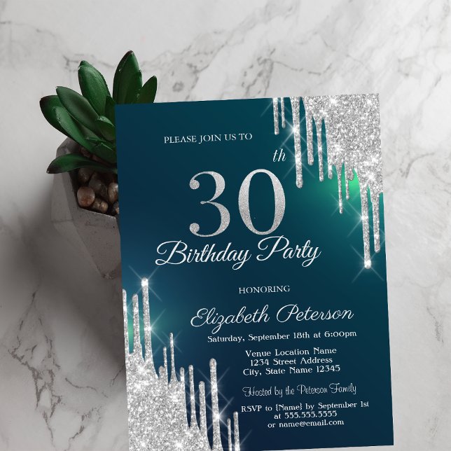 Silver Glitter Drips Green 30th Birthday Invitation (Creator Uploaded)