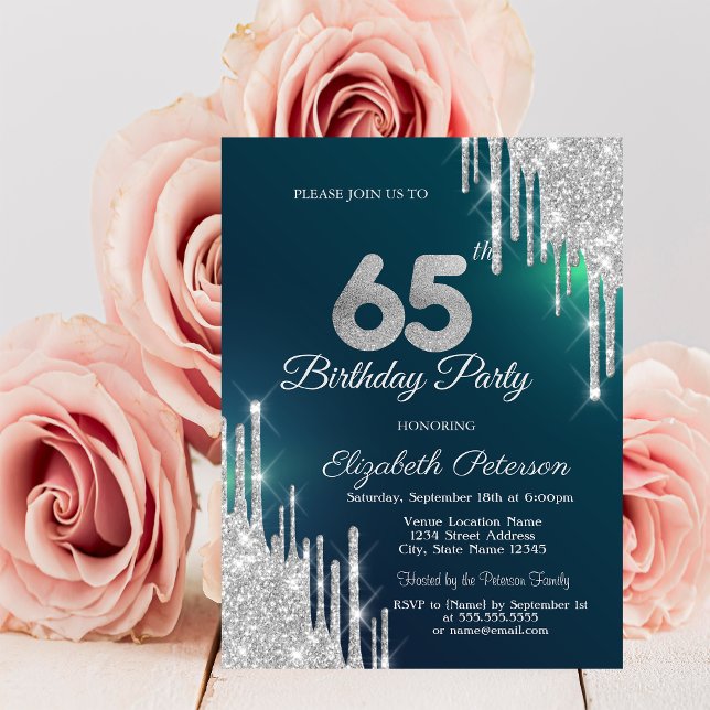 Silver Glitter Drips Green 65th Birthday Invitation (Creator Uploaded)