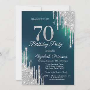 Silver Glitter Drips Green 70th Birthday Invitation