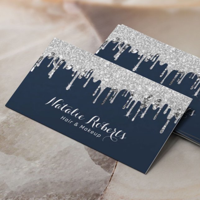 Silver Glitter Drips Hair Stylist Makeup Artist Business Card (Creator Uploaded)