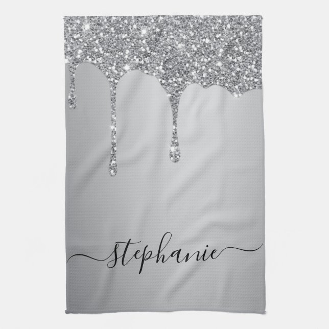 Silver Glitter Drips Hand Lettered Custom Name Tea Towel (Vertical)