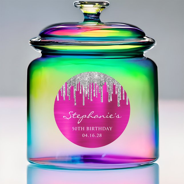 Silver Glitter Drips Hot Pink 50th Birthday Classic Round Sticker (Silver Glitter Drips Hot Pink 50th Birthday Classic Round Sticker)