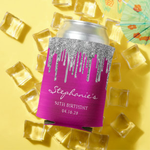Silver Glitter Drips Hot Pink Foil 50th Birthday Can Cooler
