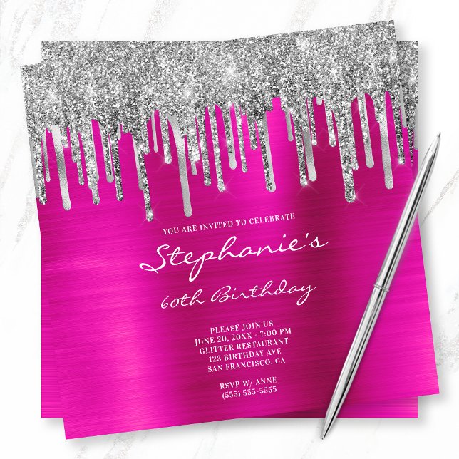 Silver Glitter Drips Hot Pink Foil 60th Birthday Invitation (Creator Uploaded)