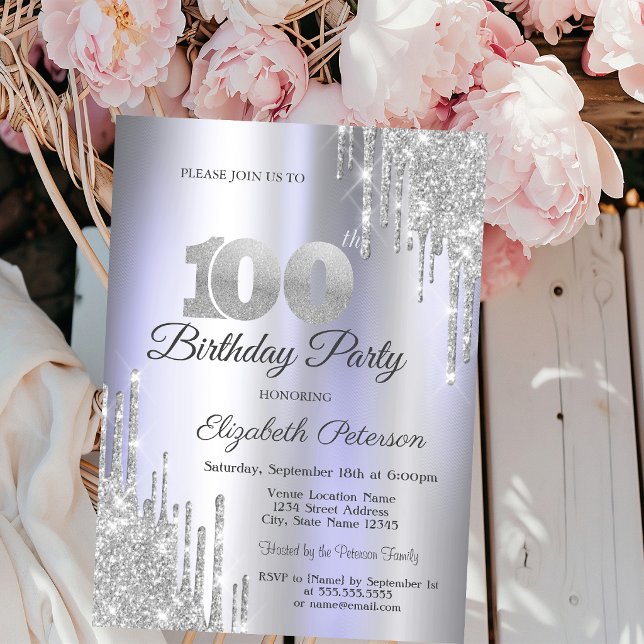 Silver Glitter Drips Light Purple 100th Birthday Invitation (Creator Uploaded)