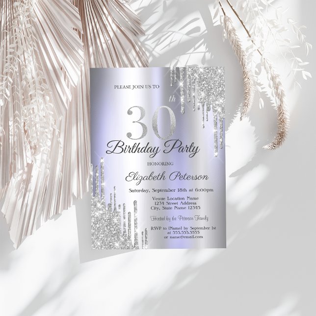  Silver Glitter Drips Light Purple 30th Birthday   Invitation (Creator Uploaded)