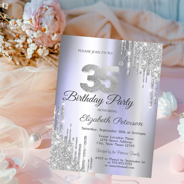  Silver Glitter Drips Light Purple 35th Birthday   Invitation (Creator Uploaded)
