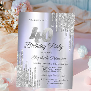 Silver Glitter Drips Light Purple 40th Birthday Invitation