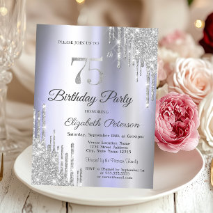 Silver Glitter Drips Light Purple 75th Birthday Invitation