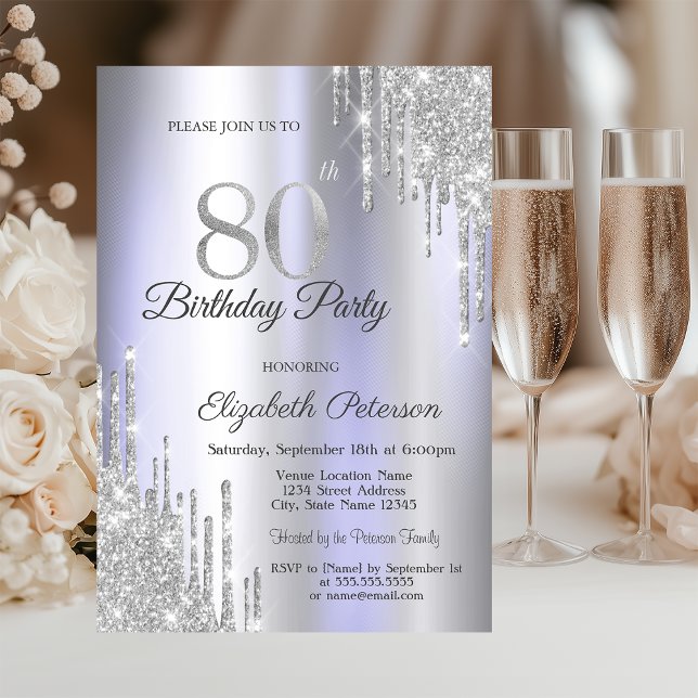  Silver Glitter Drips Light Purple 80th Birthday   Invitation (Creator Uploaded)