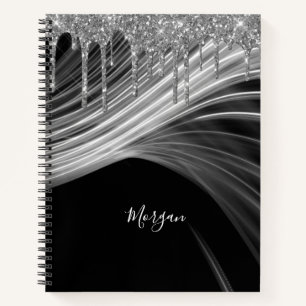 Silver Glitter Drips & Light Rays, White Name Notebook