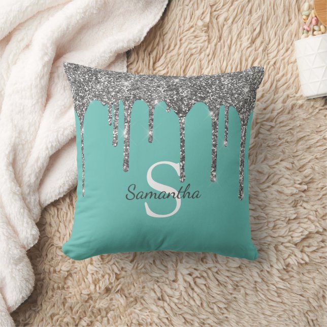 Silver Glitter Drips Light Teal Monogram Name Cushion (Blanket)