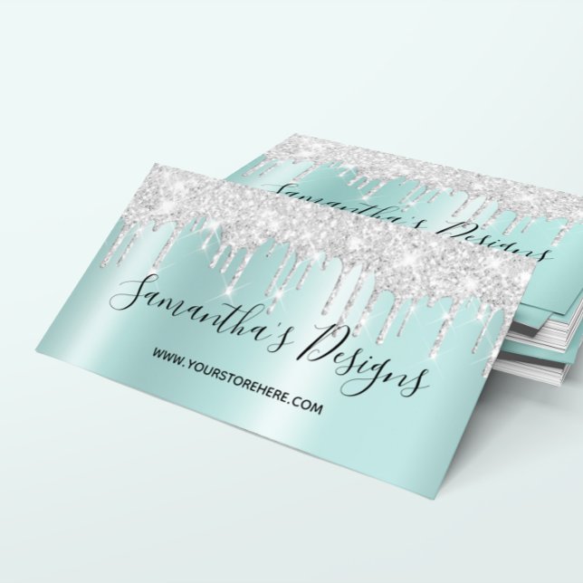 Silver Glitter Drips Light Teal Ombre Online Store Business Card (Silver Glitter Drips Light Teal Ombre Online Store Business Card)