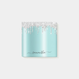 Silver Glitter Drips Light Turquoise Shimmer Post-it Notes