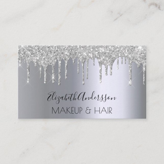 Silver glitter drips makeup hair business card (Front)