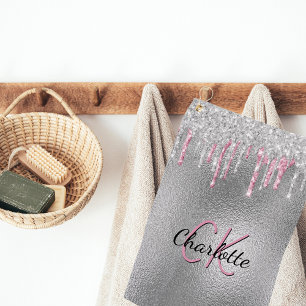 Silver glitter drips metal pink custom monogram golf towel