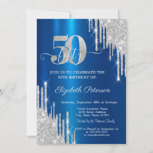 Silver Glitter Drips Metallic Blue 50th Birthday Invitation