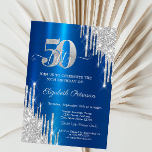 Silver Glitter Drips Metallic Blue 50th Birthday Invitation