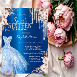 Silver Glitter Drips,Metallic Blue Dress Flowers Invitation