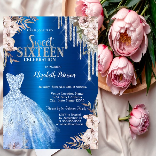 Silver Glitter Drips,Metallic Blue Dress Flowers Invitation (Creator Uploaded)