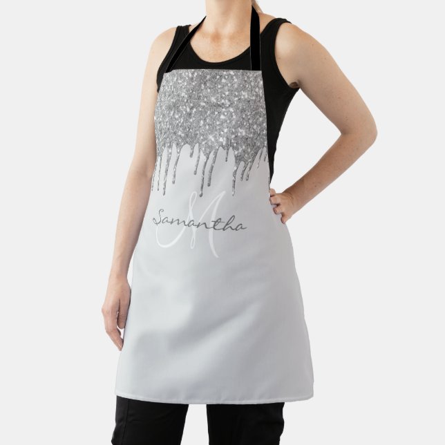 Silver Glitter Drips Metallic Personalised Apron (Insitu)