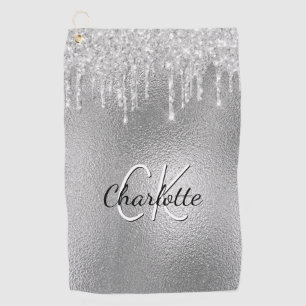 Silver glitter drips monogram initials name golf towel