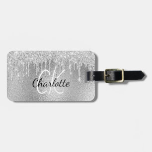Silver glitter drips monogram luggage tag