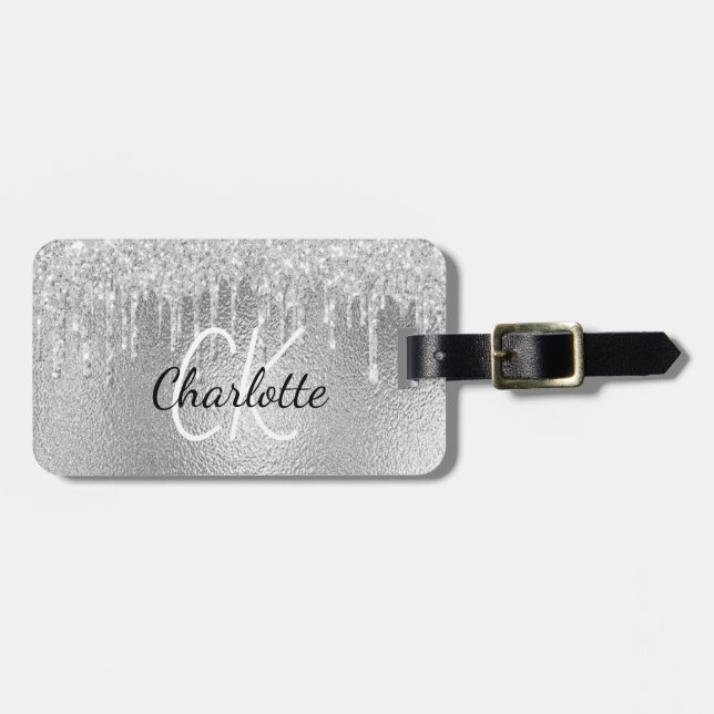 Silver glitter drips monogram luggage tag (Front Horizontal)
