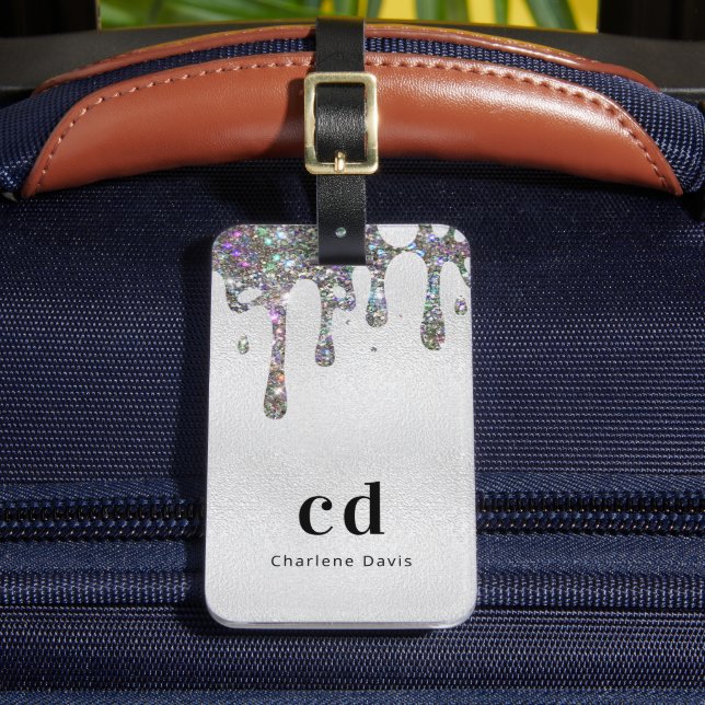 Silver glitter drips monogram name luggage tag (Front Insitu 2)