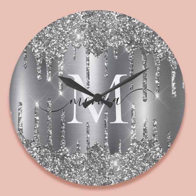 Silver Glitter Drips Monogram Personalised Large Clock (Silver Glitter Drips Monogram Personalized Large Clock)