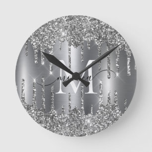 Silver Glitter Drips Monogram Personalized Wall Cl Round Clock