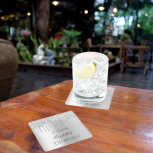 Silver glitter drips name birthday square paper coaster