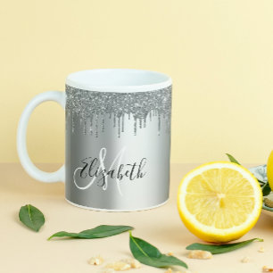 Silver Glitter Drips Name Personalized Monogram Coffee Mug