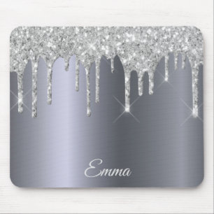 Silver glitter drips name script mouse pad