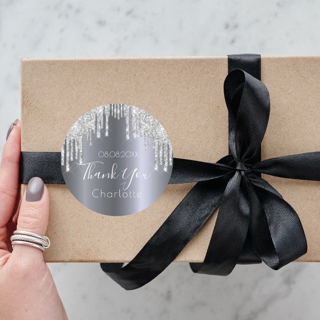 Silver glitter drips name thank you classic round sticker (Creator Uploaded)