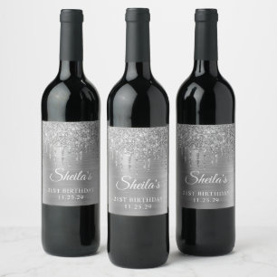 Silver Glitter Drips on Foil 21st Birthday Wine Label