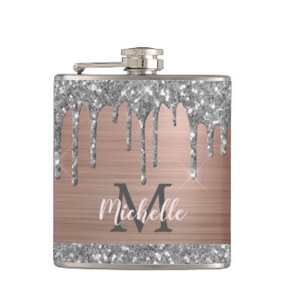 Silver Glitter Drips on Pink Metal Monogrammed Hip Flask