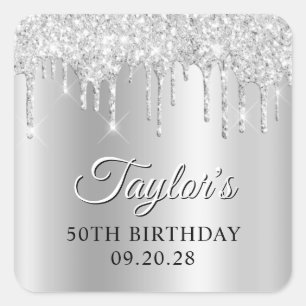 Silver Glitter Drips Pale Grey Ombre Drop Shadow Square Sticker
