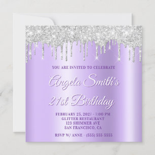 Silver Glitter Drips Pale Lavender Drop Shadow Invitation
