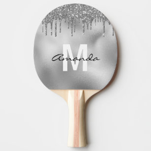 Silver Glitter Drips Personalised Monogram Ping Pong Paddle