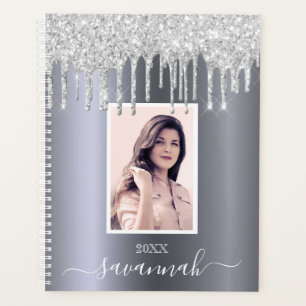 Silver glitter drips photo name script planner