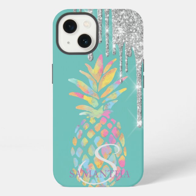 Silver Glitter Drips Pineapple Mint Green  iPhone Case (Back)