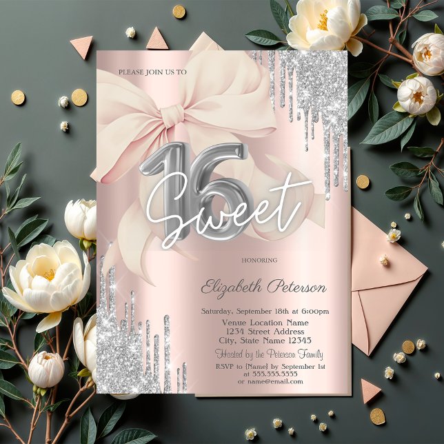 Silver Glitter Drips Pink Bow Rose Gold Sweet 16 Invitation (Creator Uploaded)