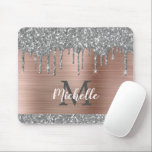 Silver Glitter Drips Pink Metallic Monogram        Mouse Pad<br><div class="desc">Modern, girly silver grey glitter drips name and monogrammed mousepad. This design features silver grey (grey) glitter sparkle drips on pink rose gold brushed metal background with custom personalised monogram initial and first name text template. Perfect feminine gift. Please note, this design is printed photo effect. If you need help...</div>