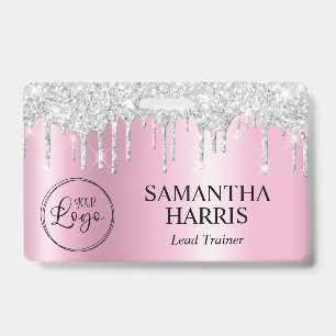 Silver Glitter Drips Pink Shimmer ID Badge