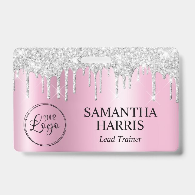Silver Glitter Drips Pink Shimmer ID Badge (Front)