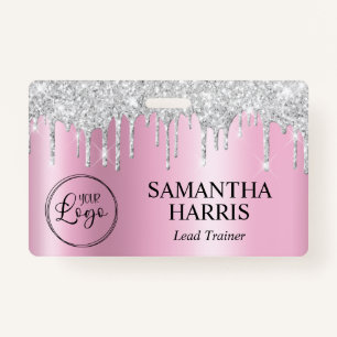 Silver Glitter Drips Pink Shimmer ID Badge